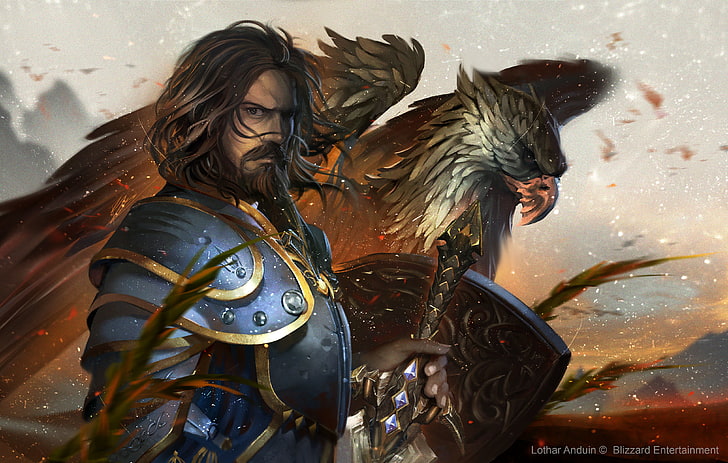 knight and griffin digital wallpaper, bird, eagle, people, art