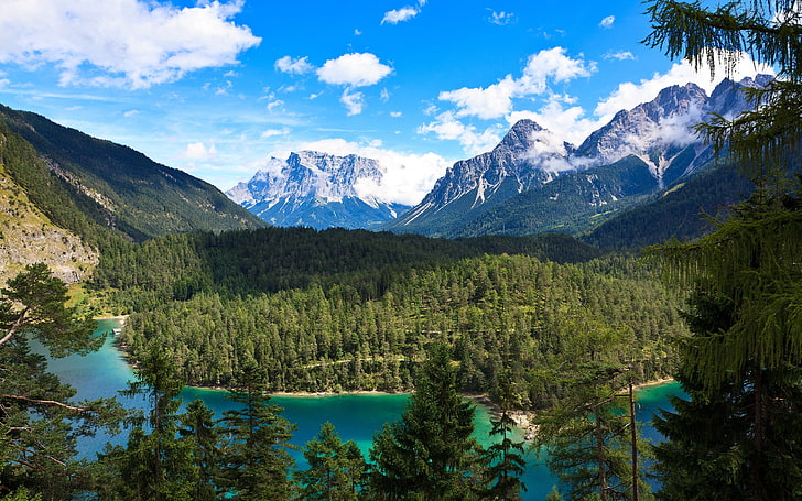 nature, landscape, Alps, mountains, forest, lake, turquoise
