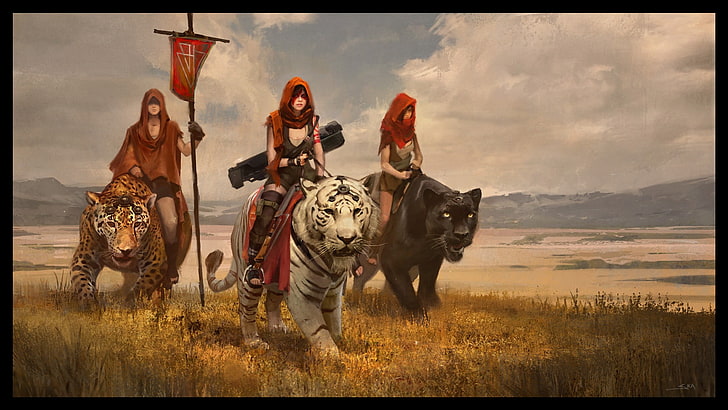 character riding tiger, leopard, and panther wallpaper, artwork