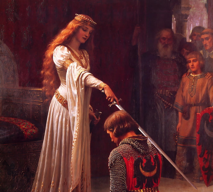 woman blessing knight painting, castle, picture, sword, armor, HD wallpaper