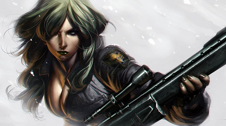 animated woman holding sniper rifle illustration, artwork, fantasy art