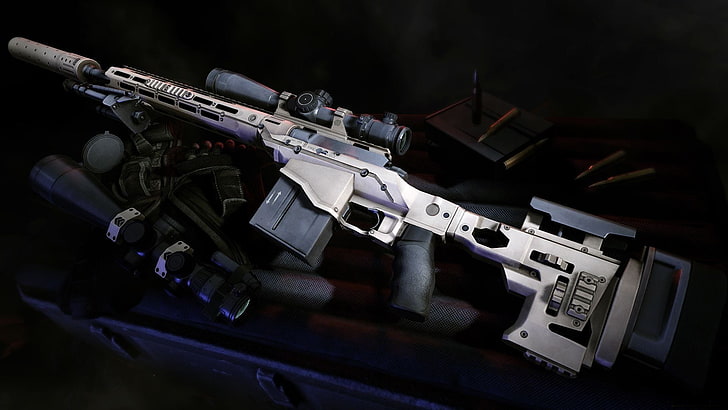 gray and black sniping rifle, weapons, guns, sight, muffler, sniper rifle