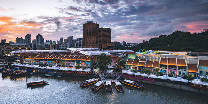 Singapore, cityscape, boat, water, building, sky, HD wallpaper