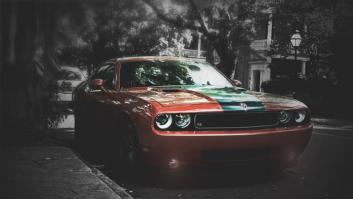 red Ford Mustang coupe, car, blurred, Dodge Challenger SRT, selective coloring