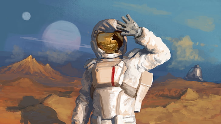 astronaut illustration, light, reflection, planet, the suit, helmet, HD wallpaper