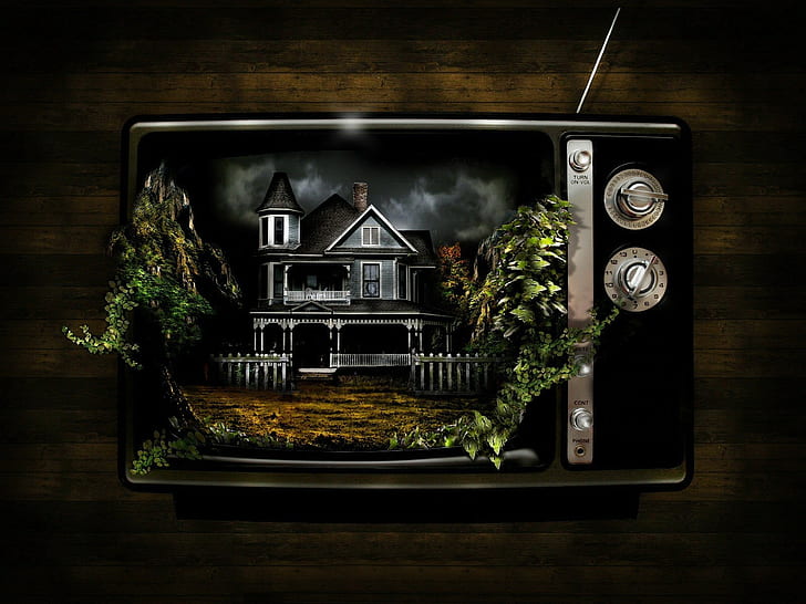 digital art fantasy art architecture building house artwork painting leaves tv television sets vintage wood planks antenna, HD wallpaper