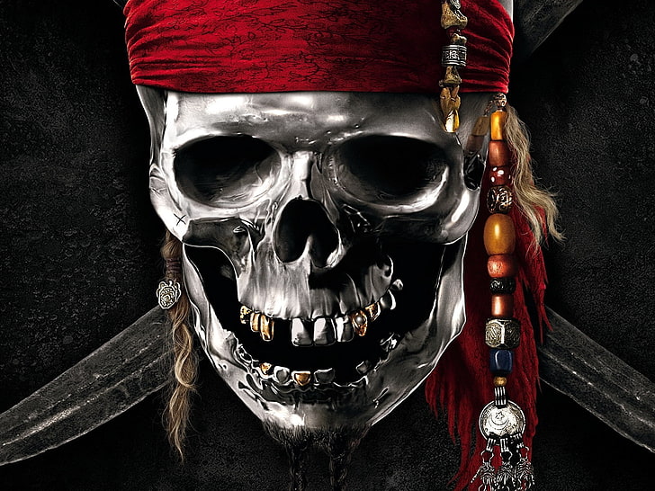 Pirates of the Caribbean skull and swords logo, teeth, beard