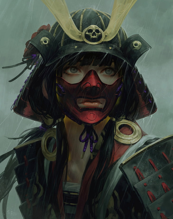 black haired female samurai character, warrior, fantasy art, lips
