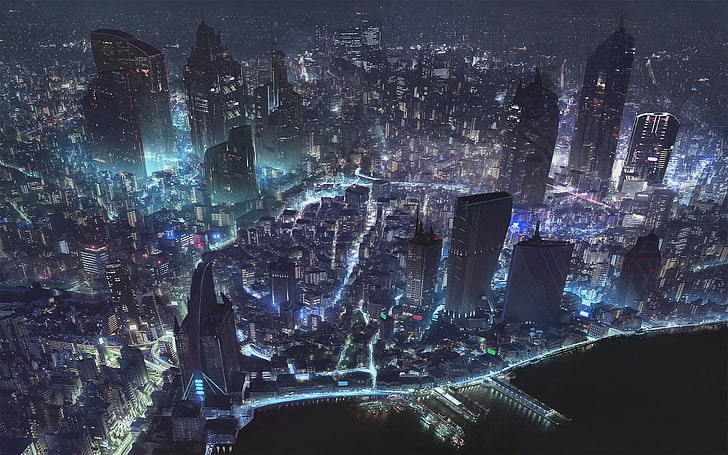 aerial photography of city escape during nighttime, digital art, HD wallpaper