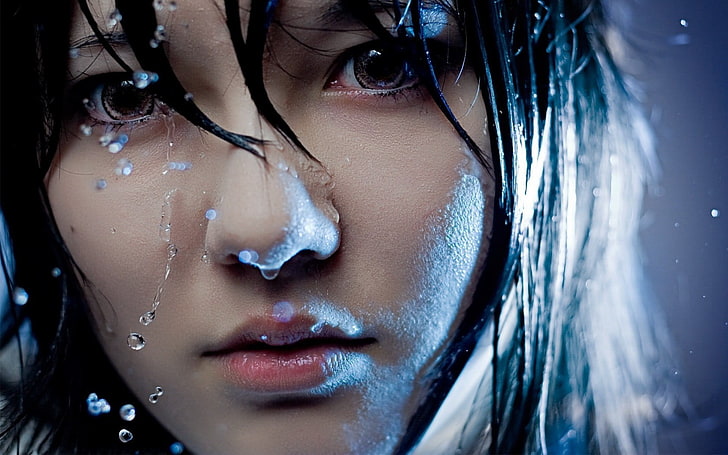 water drops, women, Kristina Kroete, Asian, dark hair, closeup