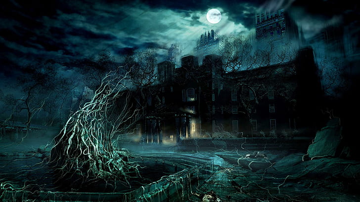Dark Game Scene, haunted mansion illustration, games
