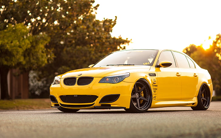yellow BMW sedan, car, tuning, bmw m5, rechange, e60, hq Wallpapers