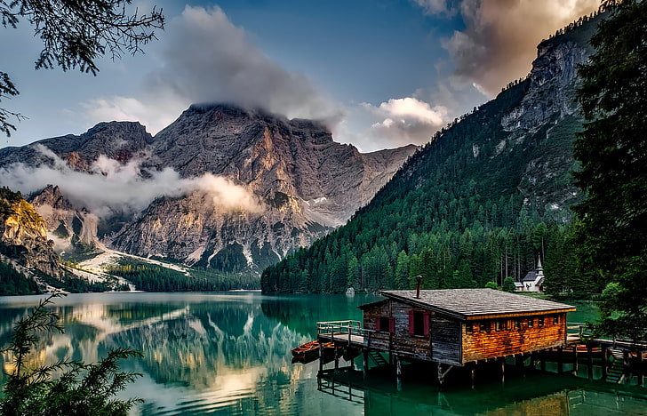 brown and black wooden cabin, italy, mountain, lake, building, HD wallpaper