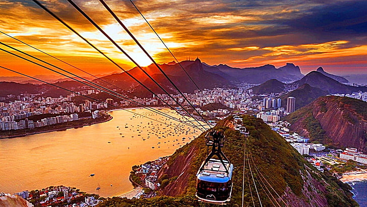 sugarloaf mountain, dusk, dawn, horizon, city, cable car, evening, HD wallpaper