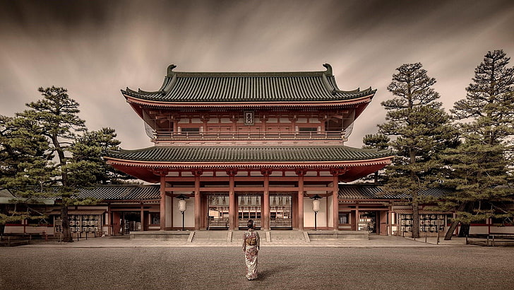 pagoda, woman, asia, japan, kyoto, heian shrine, facade, sky