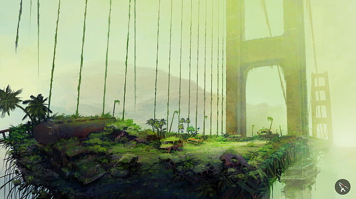 Golden State bridge with green grass illustration, Golden Gate Bridge, HD wallpaper