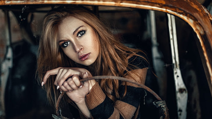 women with cars, face, model, Damian Piórko, Caroline Banasik, HD wallpaper