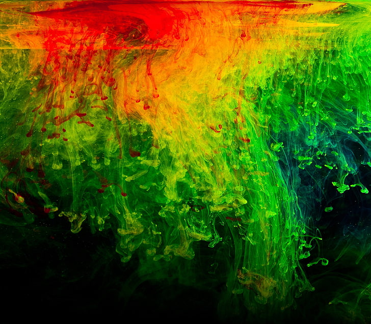 red, green, and yellow abstract painting, colorful, smoke, multi colored