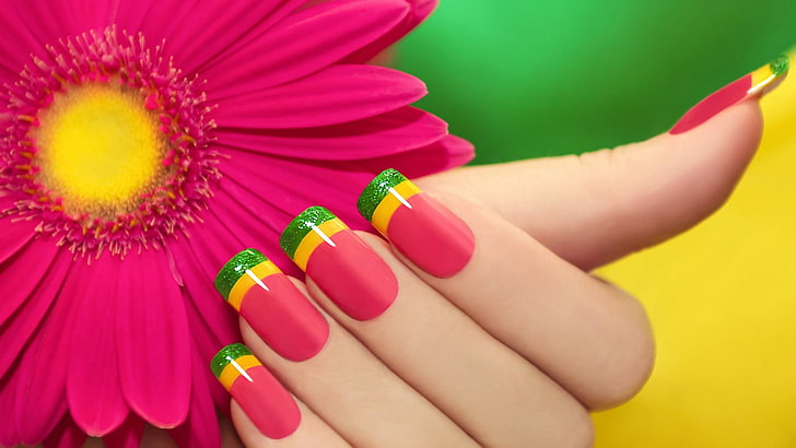 colorful, flowers, hands, fingers, long nails, depth of field