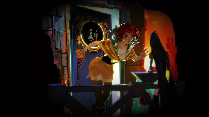 female character in yellow and black dress poster, Transistor