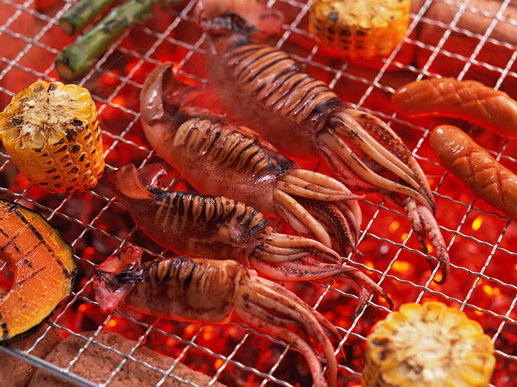grilled squids and sausages, seafood, roast, barbecue, gourmet