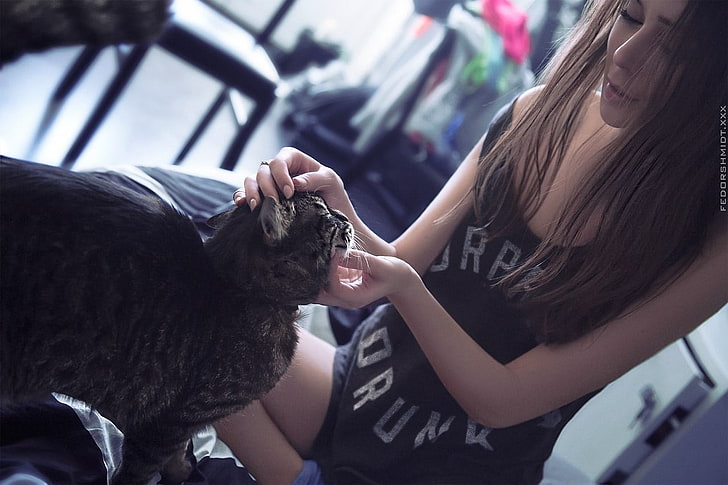 women's black and grey tank top, Fedor Shmidt, model, cat, brunette, HD wallpaper