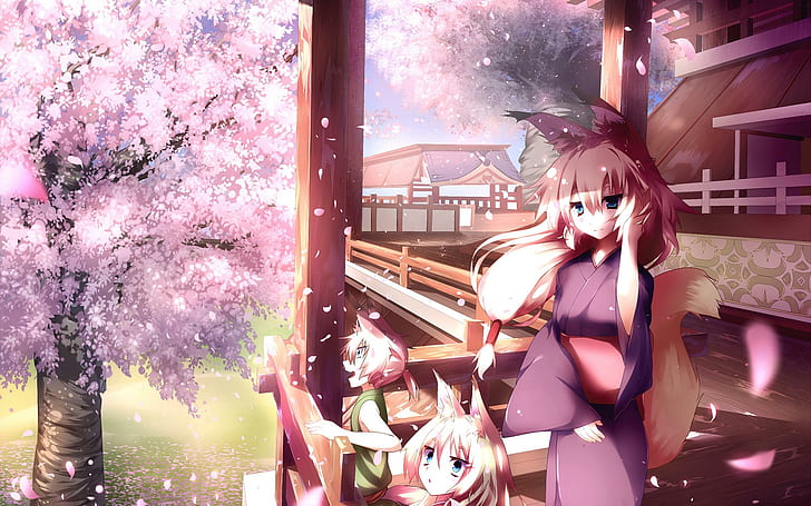 Girls, Children, Ear, Tail, Game, Meng, Anime girl, Japanese anime, Animation, Cherry blossoms, HD wallpaper