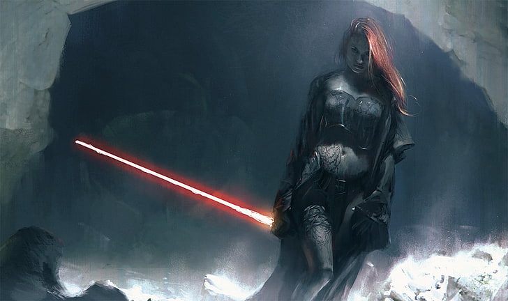 woman holding laser sword illustration, Star Wars female character