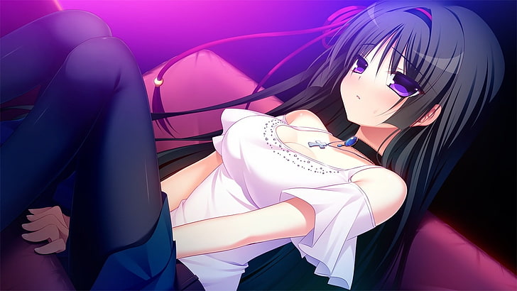 pure girl, visual novel, kuchifusa yogiri, black hair, sitting, HD wallpaper