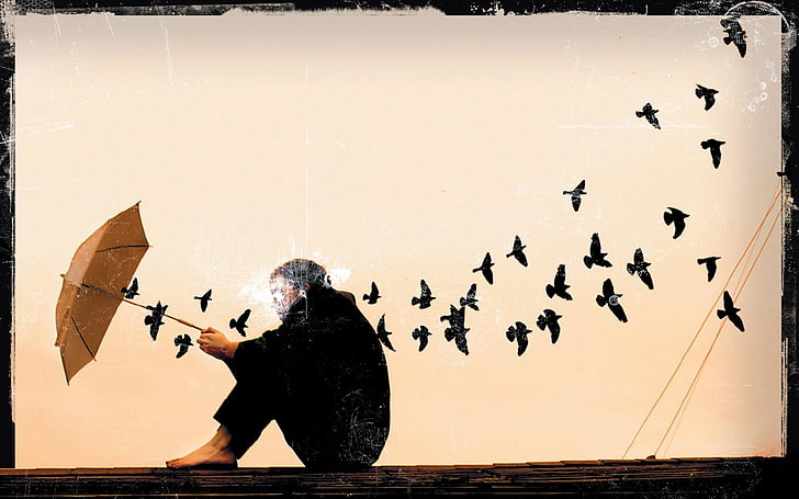 man holding umbrella painting, loneliness, mood, people, birds