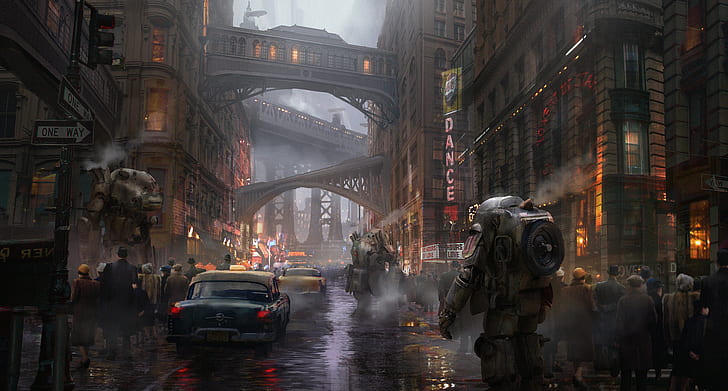 Sci Fi, Dieselpunk, Building, Car, City, Crowd, Robot