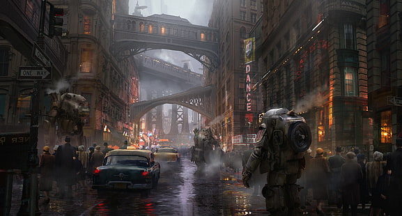 Hd Wallpaper: Sci Fi, Dieselpunk, Car, City, People, Robot, Street, Tram | Wallpaper Flare