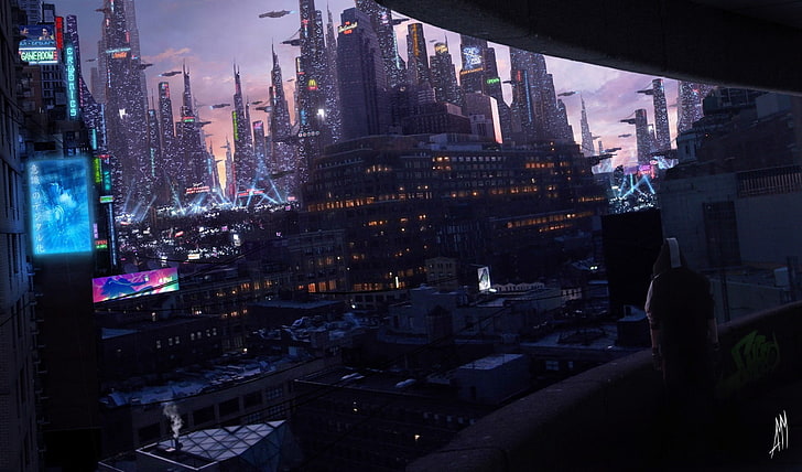 buildings, cyberpunk, futuristic city, cityscape, science fiction