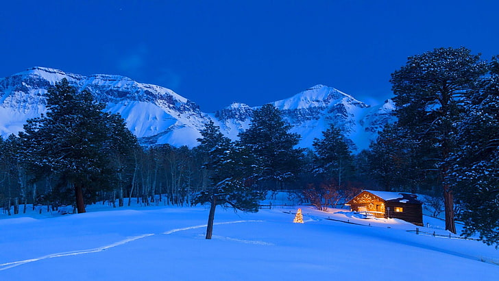 snow, winter, mountain range, sky, nature, christmas, tree, HD wallpaper