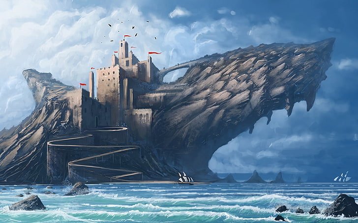 dragon castle digital wallpaper, digital art, fantasy art, nature