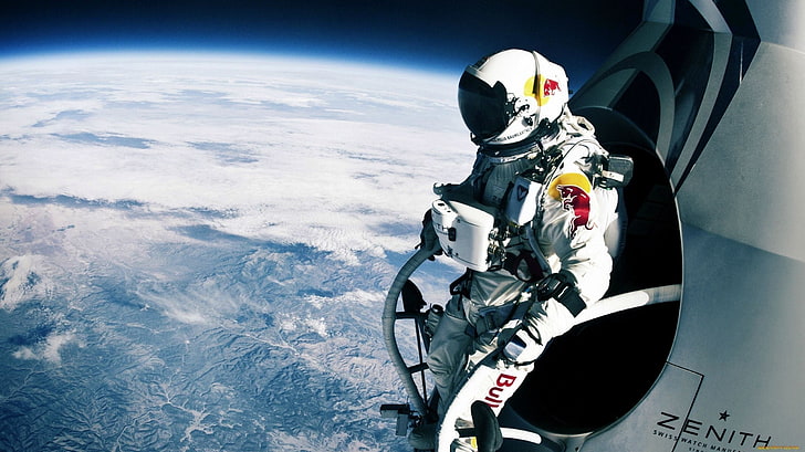 Zenith astronaut wallpaper, parachutes, Felix Baumgartner, space, HD wallpaper