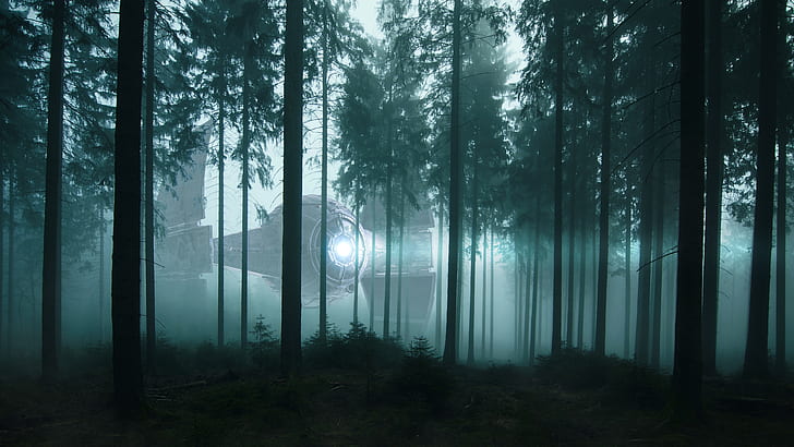 forest, light, trees, night, fog, fiction, ship, UFO, morning, HD wallpaper