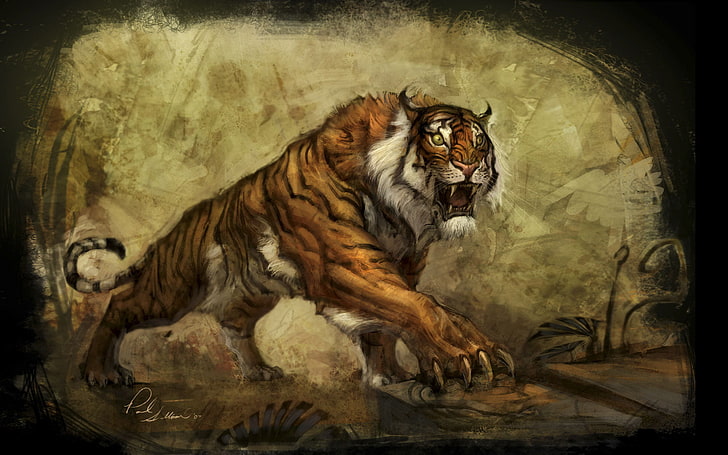 painting of tiger, the world, plant, art, the concept, claws