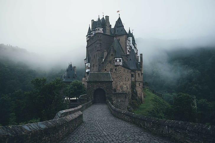 trees, forest, hills, Eltz Castle, mist, tower, stones, Germany