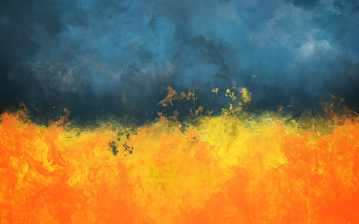 orange and blue abstract painting, fire, smoke, Ukraine, smoke - physical structure
