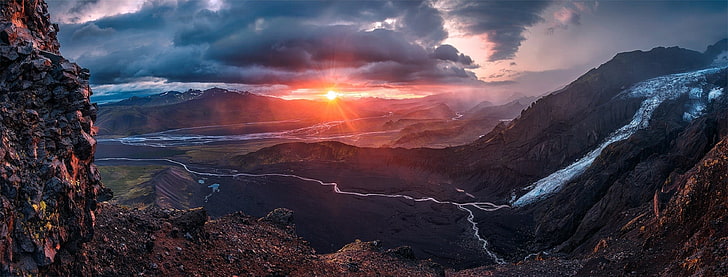 mountain and river, nature, mountains, landscape, Max Rive, sunset, HD wallpaper