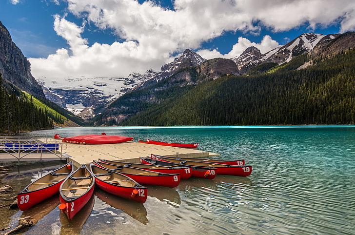 red canoes, canada, mountains, lake, sky, nature, outdoors, landscape, HD wallpaper