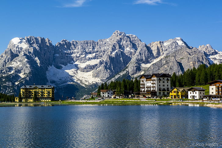 landscape photo of concrete buildings behind the mountains near the body of water, lake misurina, lake misurina, HD wallpaper