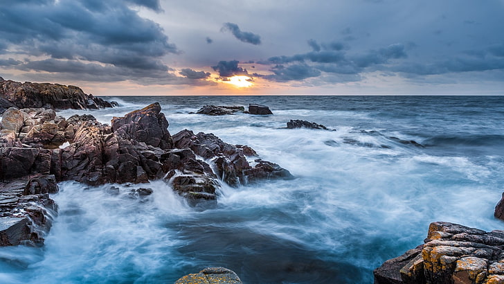 rocks on blue ocean wallpaper, nature, sea, sunset, long exposure