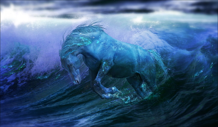 blue horse painting, wave, water, fiction, the ocean, fantasy, HD wallpaper