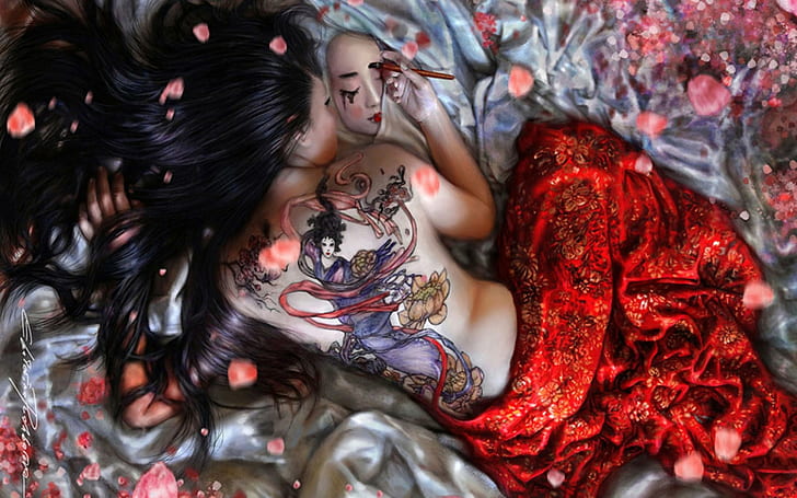 artwork, women, tattoo, fantasy girl, face, back, fantasy art, HD wallpaper