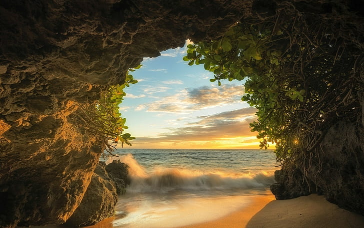coast, sea, cave, sunset, horizon, HD wallpaper