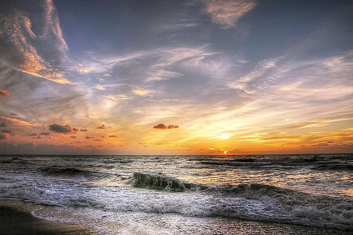beach, clouds, coast, dawn, dusk, evening, golden hour, holiday, HD wallpaper