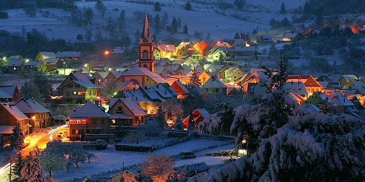 houses in village wallpaper, landscape, nature, winter, snow, HD wallpaper