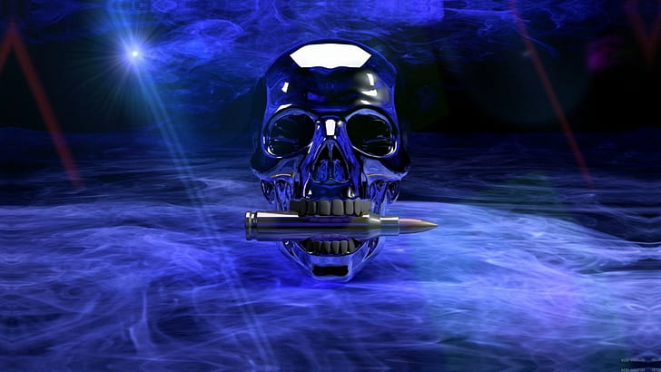 skull, bullet, metal, blue, bone, smoke, cg artwork, death